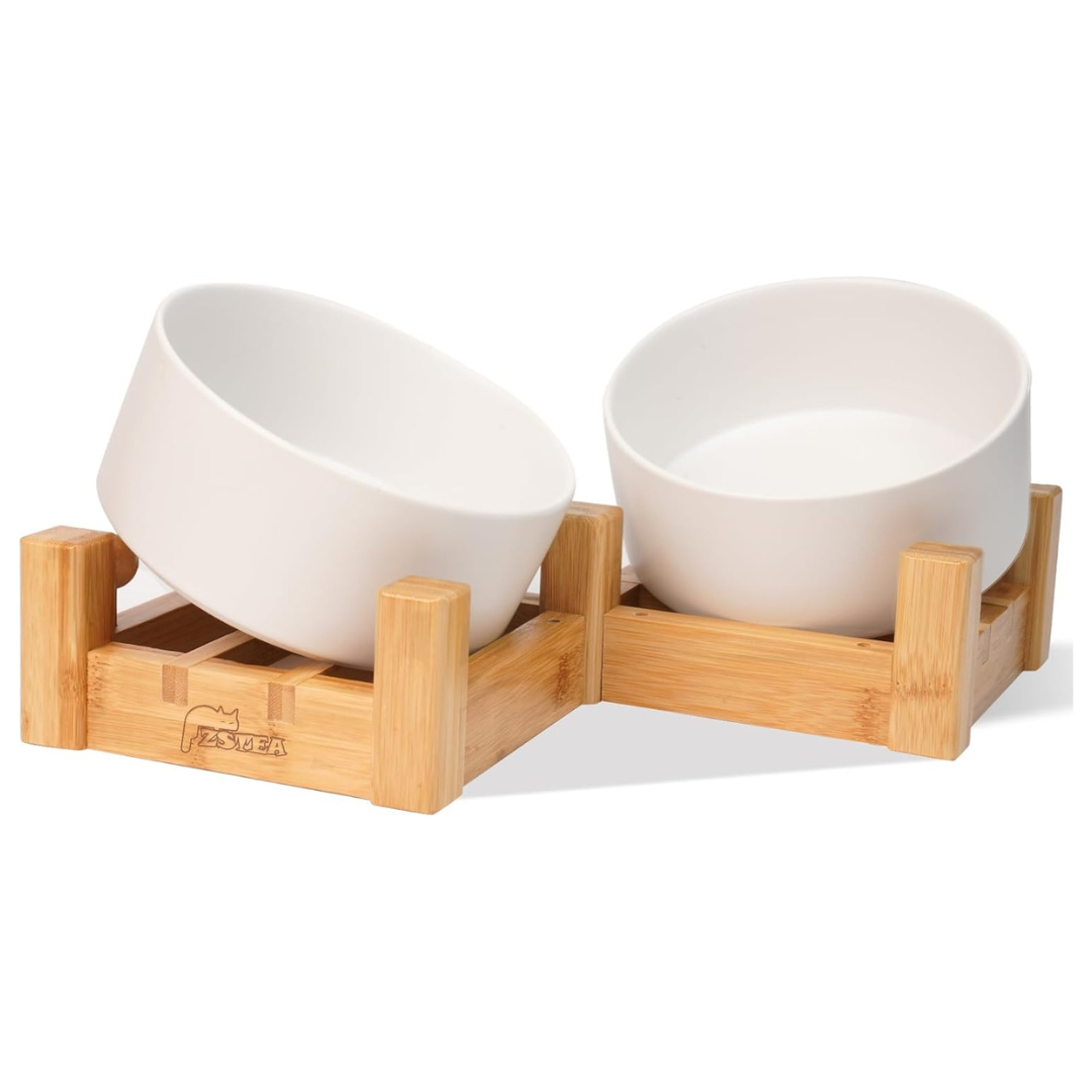 ZSTea 28Oz Ceramic Dog Cat Elevated Bowls With Bamboo Stand