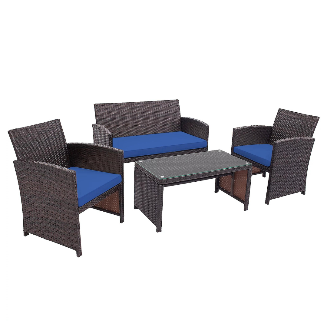 4-Piece Costway Brown Rattan Conversation Set With Navy Cushions