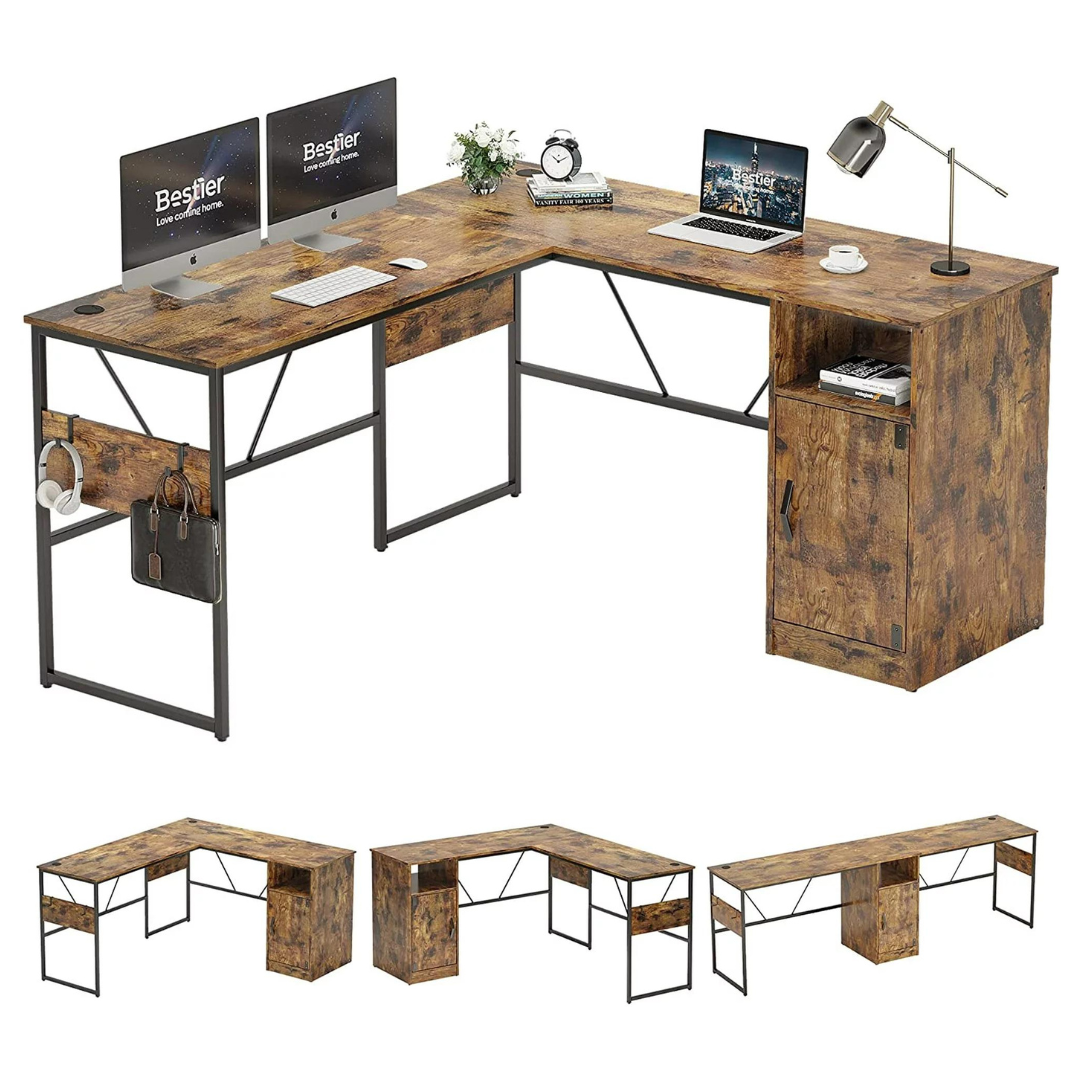 Bestier 95" Computer L Shaped Desk With Storage (Rustic)