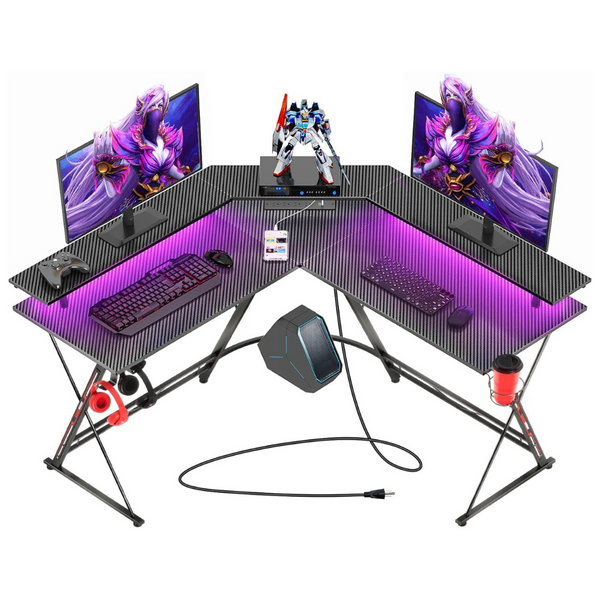 Seven Warrior 50.4" L Shaped Gaming Desk With LED Lights & Power Outlets