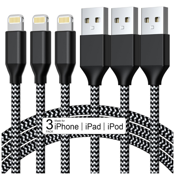 3-Pack MFi Certified Nylon Braided 10ft Lightning Charging Cables