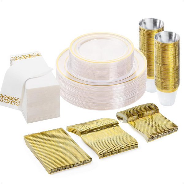 175-Piece Clear Gold Disposable Dinnerware Set (25 Guests)