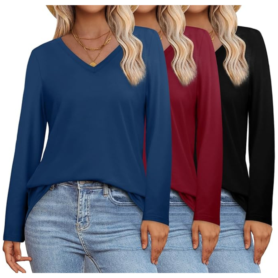 3-Pack Women's Long Sleeve Loose Fit V Neck T-Shirts (Various)