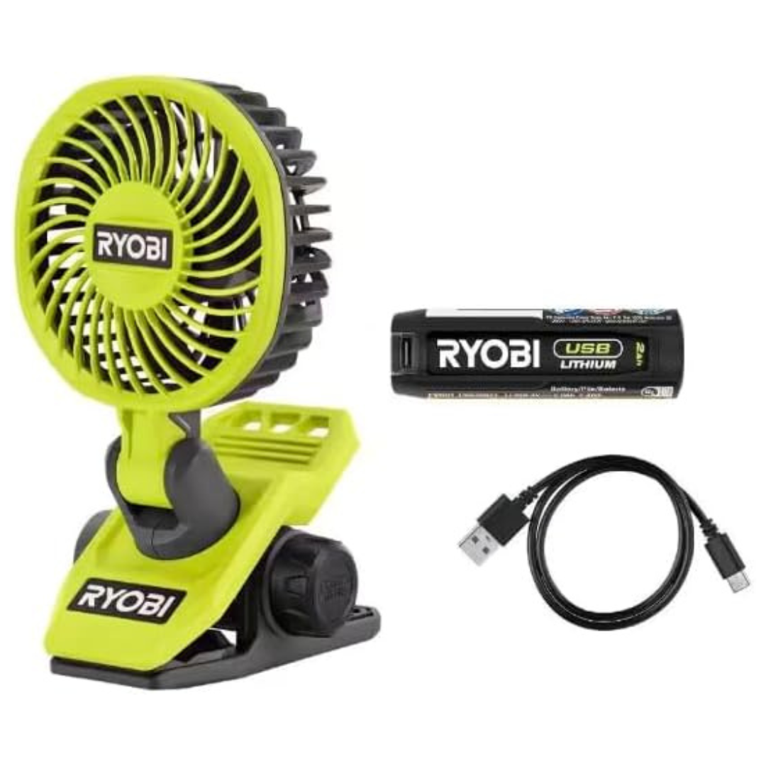 RYOBI USB Lithium Clamp Fan Kit With 2.0 Ah USB Battery And Cable