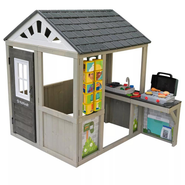 KidKraft Patio Party Wooden Outdoor Playhouse With Spinner Block Puzzle