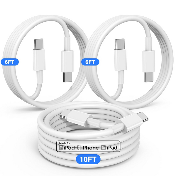 3-Pack 60w/3a USB-C To USB-C Cable (6+6+10ft)