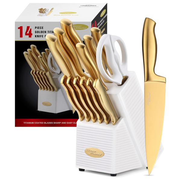 14-Piece Titanium Coated Stainless Steel Kitchen Knife Set With Block