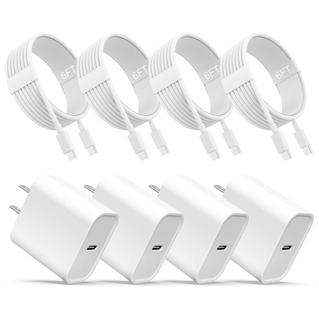 4-Pack USB-C Fast Wall Charger Adapter With 4-Pack 6ft USB-C Cable