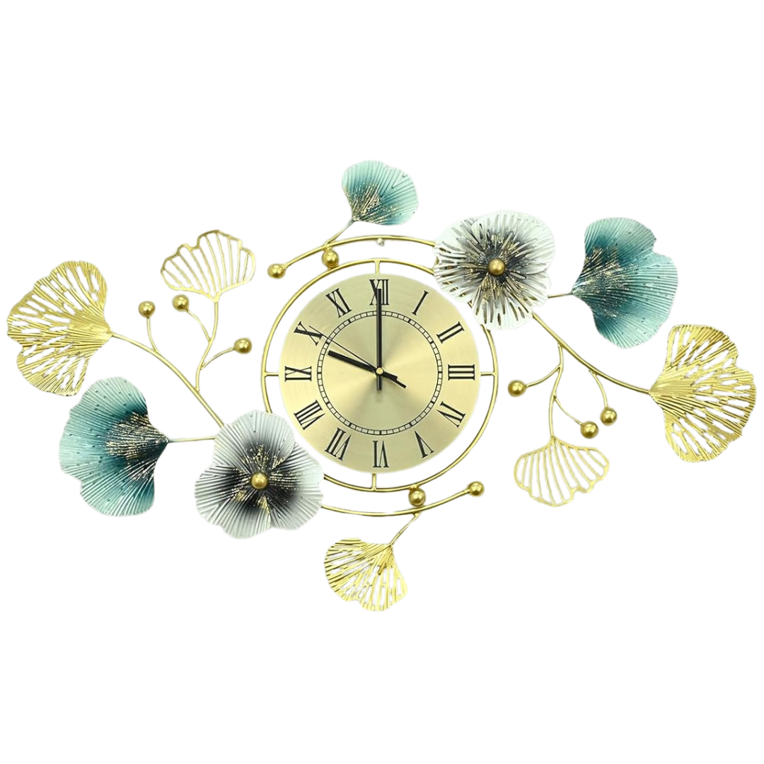 3D Decorations Metal Ginkgo Leaf Design Silent Movement Wall Clocks