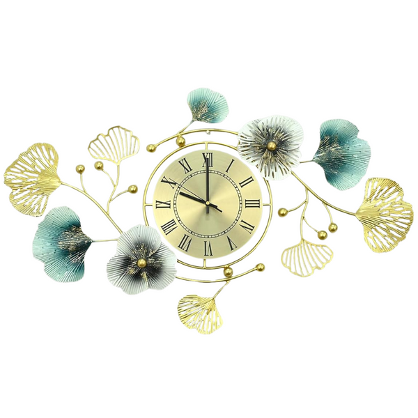 3D Decorations Metal Ginkgo Leaf Design Silent Movement Wall Clocks