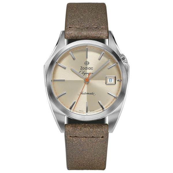 Zodiac Dress Olympos Automatic Cream Dial Brown Leather Mens Watch