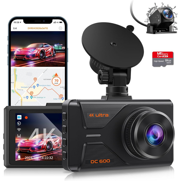 4K+1080P WiFi GPS Front and Rear Dash Camera for Cars with 64G SD Card