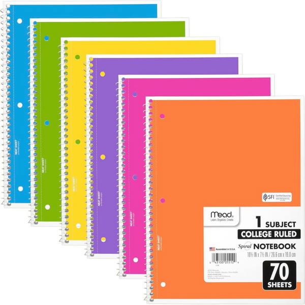 6-Pack Mead College Ruled Paper 8" x 10-1/2" 70 Sheets Spiral Notebooks