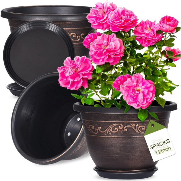 3-Pack Lightweight 12" Small Resin Flower Pot With Drainage Hole & Saucer