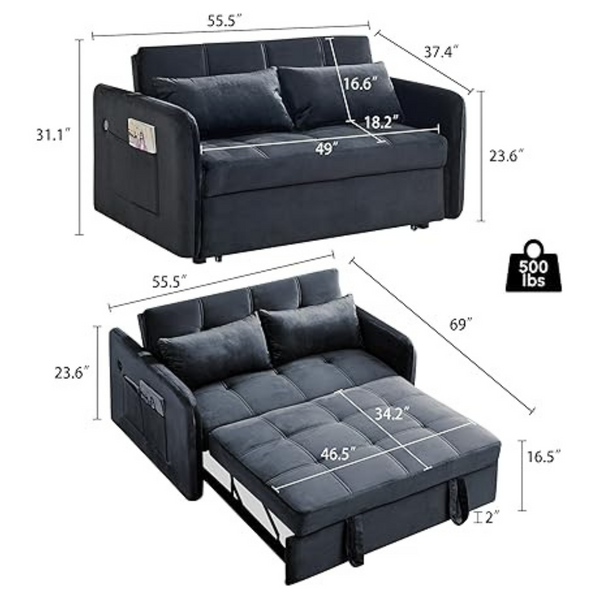 SumKea 55.5 3-in-1 Pull Out Couch Backrest Sleeper Sofa Bed