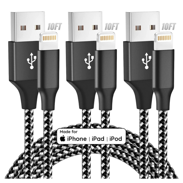 3 Pack Apple MFi Certified 10 FT Long Lightning Cables