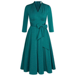 Women's Vintage Glitter Cocktail Ruched V-Neck 3/4 Sleeve Tie Waist Dress