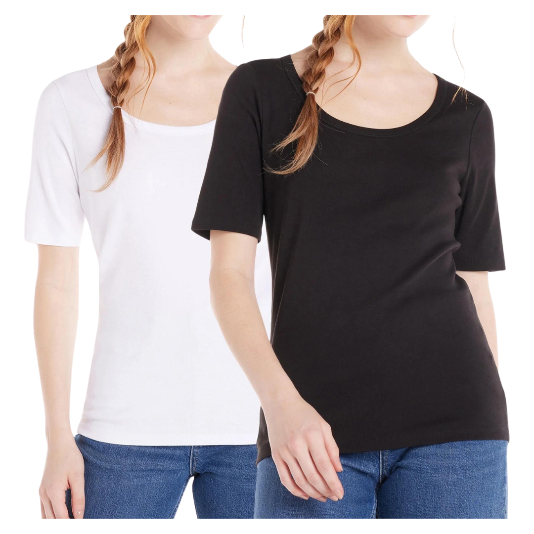 2-Pack Time And Tru Women's Ribbed Cotton T-Shirt With Elbow Sleeves