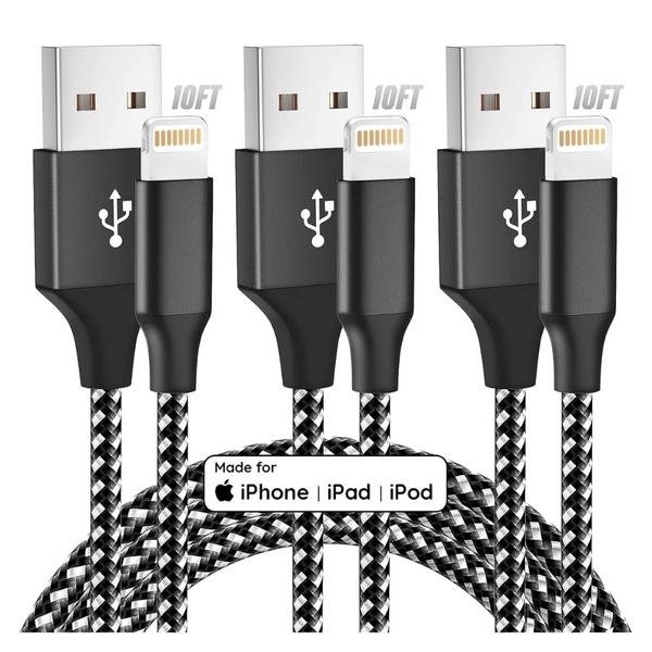 3-Pack Apple MFi Certified 10ft Long Lightning Cables