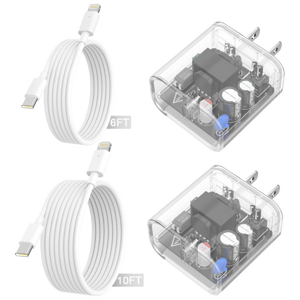 2-Pack 20w PD USB C Wall Fast Charger Block w/ 6ft & 10ft Cables (Various)