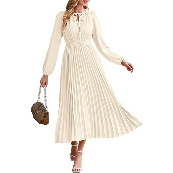 Women's 2024 Long Puff Sleeve Tie V Neck Maxi Dress