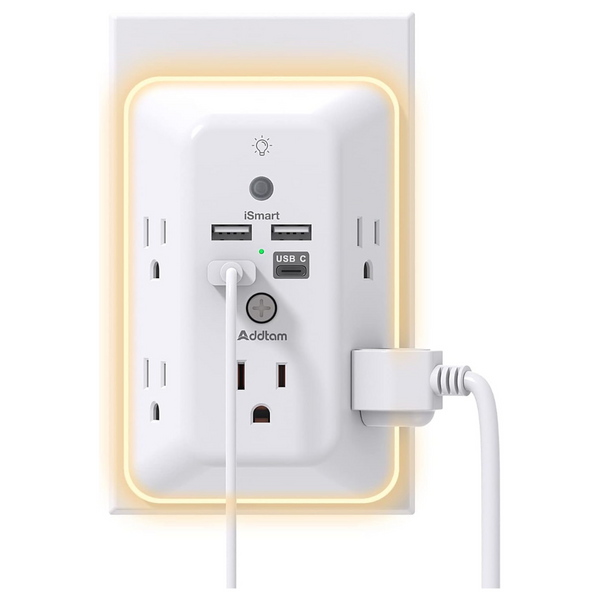 Addtam 5-Outlet USB Wall Charger Power Strip With Night Light