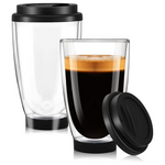 Double Walled 12 Oz Insulated Glass Coffee Mug With Silicone Lids