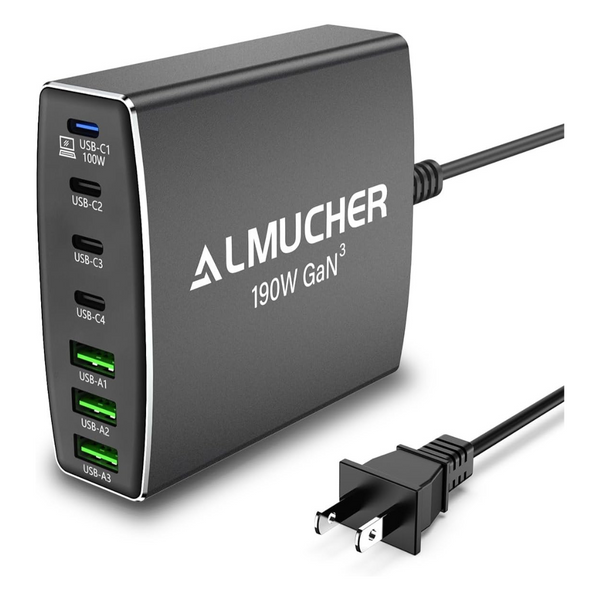 Almucher 190W 7 Port PD 3.0 USB C Aluminum Alloy GaN Charger Block