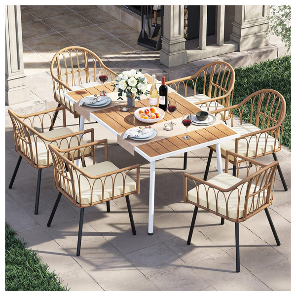 Yitahome 8 Pieces Outdoor Patio Dining Set With Wicker Patio Dining Chair, Backless Bench & Table With Umbrella Hole