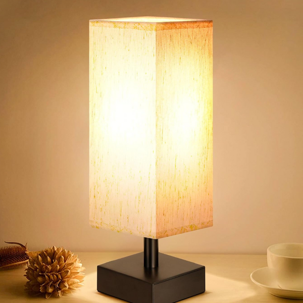 Bedside Square Flaxen Fabric Shade Table Lamp With Black Wood Base