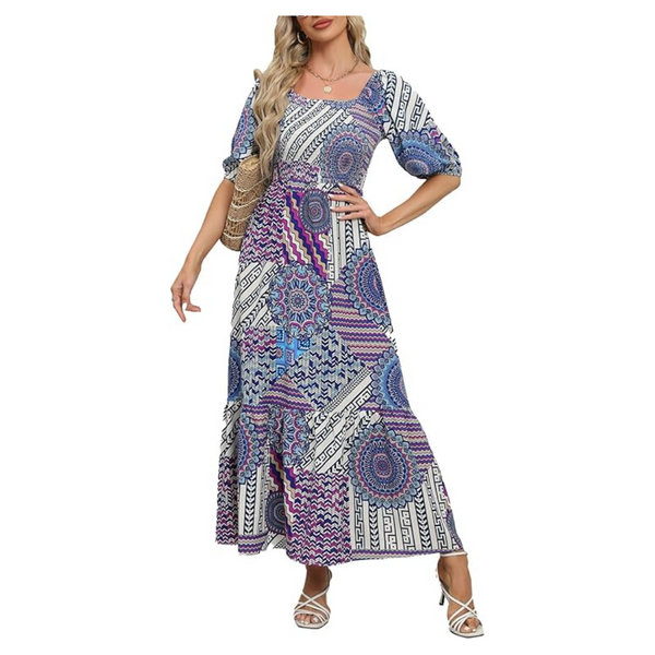 Lyrur Women's Puff Sleeve Square Neck Long Maxi Smocked Dress