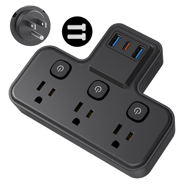 Passus 1875W 4-Outlet 3-USB Multi Plug Outlet Extender Surge Protector