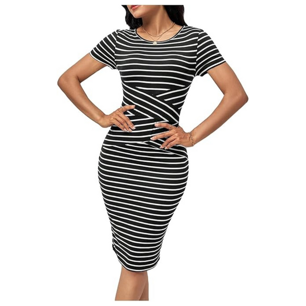 Women's Striped Print Bodycon Short Sleeve Crewneck Pencil Dresses