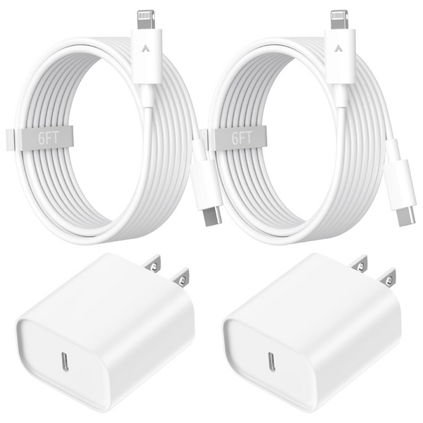 2-Pack Rapid iPhone Fast Charger Block With 6ft Charging Cables