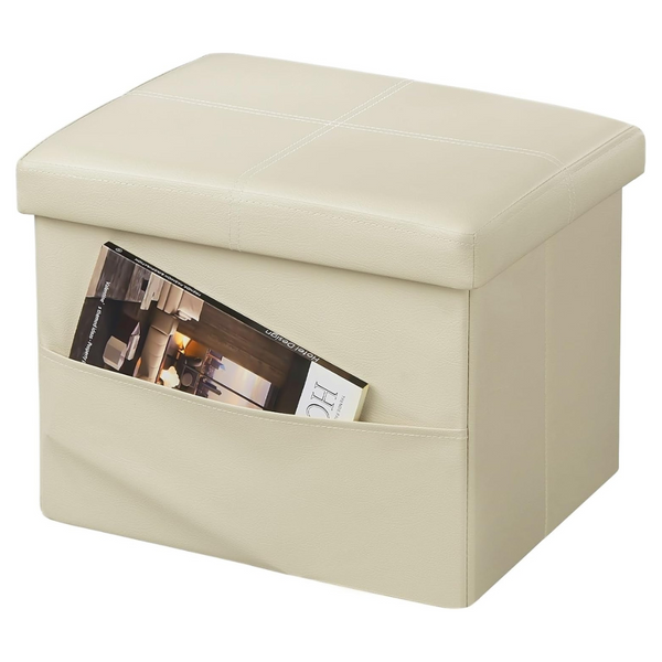 Folding Storage Leather Ottoman With Side Pocket