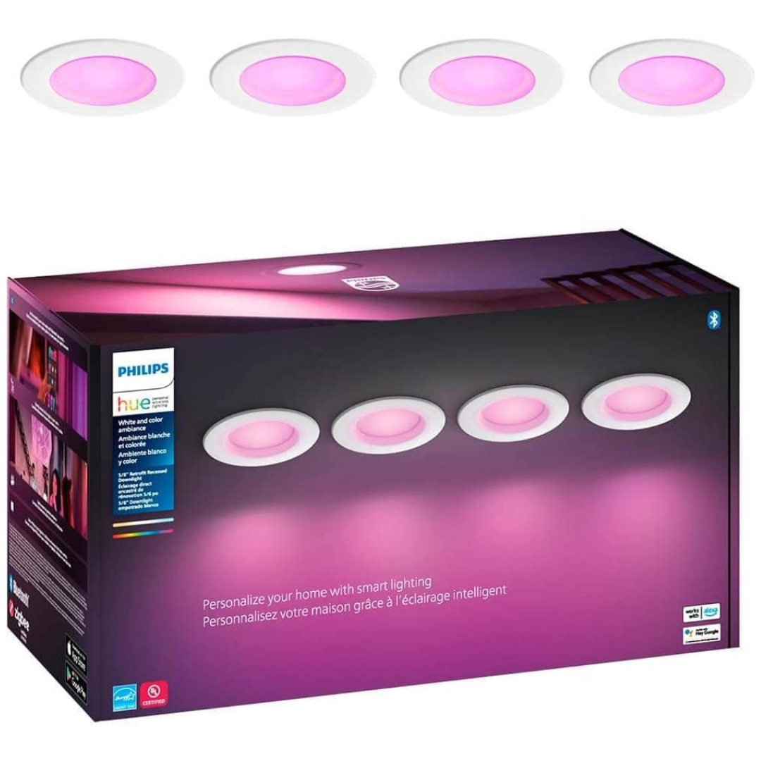 4-Pack Philips Hue White & Color Ambiance Dimmable 5"/6" E26 Recessed Retrofit Downlights