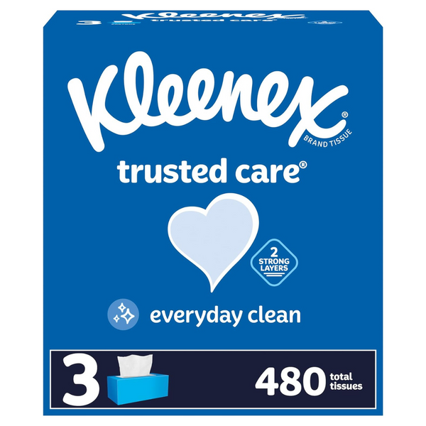 Kleenex Trusted Care Facial Tissues (3 Flat Boxes, 160 Tissues Per Box = 480 Total Tissues)