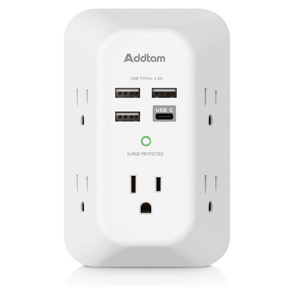 Addtam 5 Outlet USB Wall Charger Surge Protector Extender