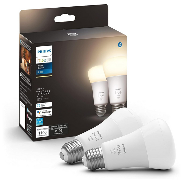 2-Pack Philips Hue White 75W A19 LED Medium Lumen Smart Bulb