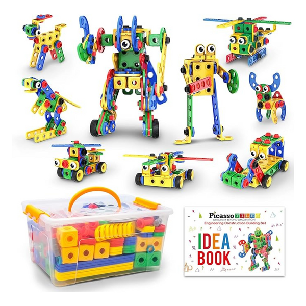 PicassoTiles 201 Pcs STEM Learning Building Construction Engineering Kit W/Free IdeaBook, Power Drill, Clickable Ratchet