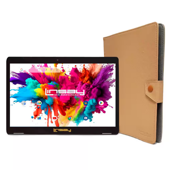 Linsay 10.1" 128GB Wi-Fi Android Tablet With Light Brown Style Case