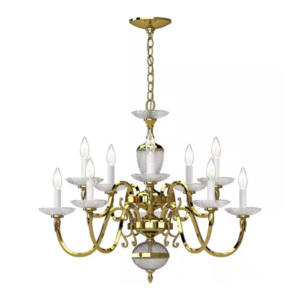 Volume Lighting 10-Lights Polished Solid Brass Candelabra Chandelier