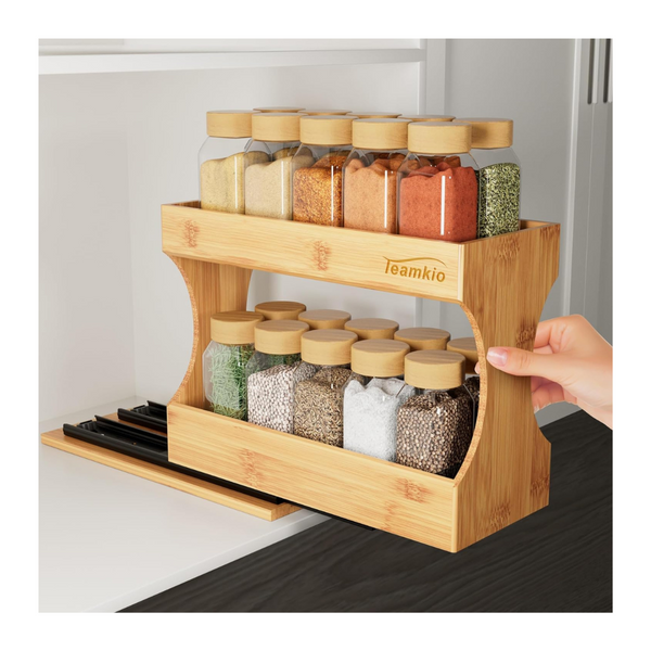 Teamkio 2-Tier Pull Out Bamboo Spice Rack Organizer