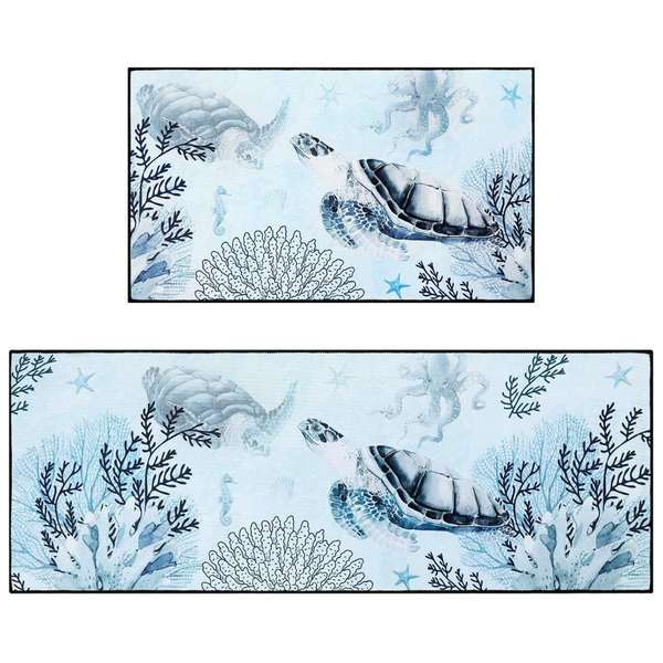 2-Pack Sea Themed Non Slip Kitchen Rugs And Mats Set