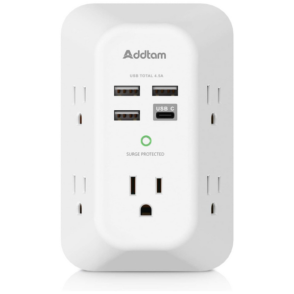 Addtam 5-Outlet Wall Charger Surge Protector With 4-USB Ports