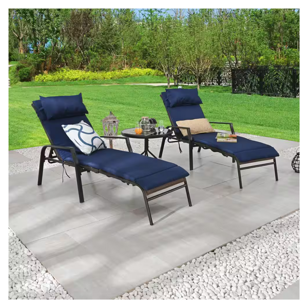 3-Piece Patio Festival Metal Outdoor Chaise Lounge With Blue Cushions