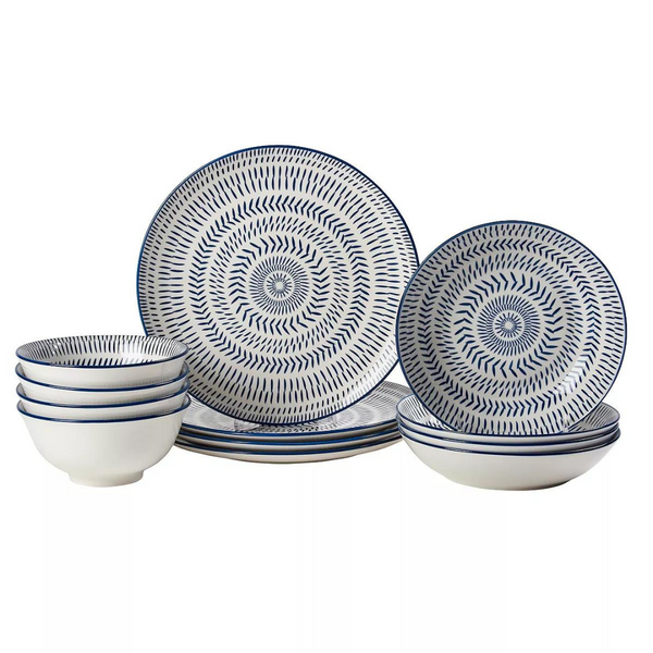 Tabletops Gallery Navy Pad Print 12-pc Dinnerware Set, Service For 4