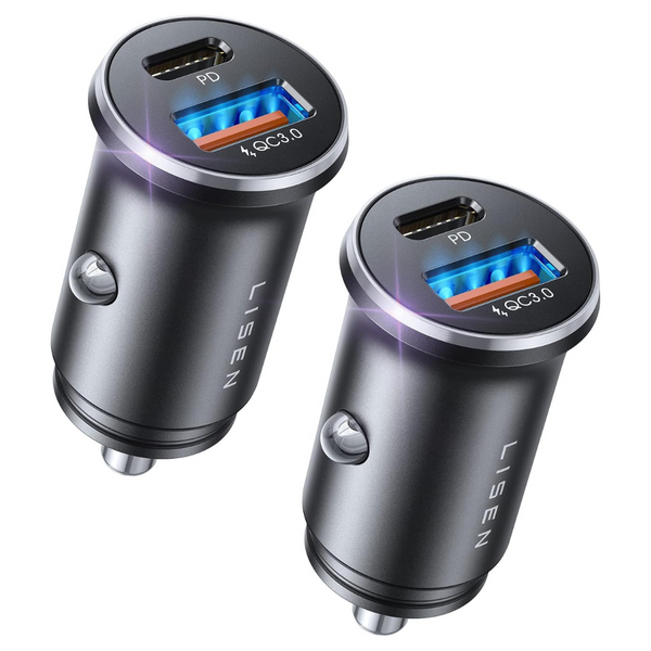 2-Pack Lisen 48W 2-Port USB-C & USB-A Metal Car Charger