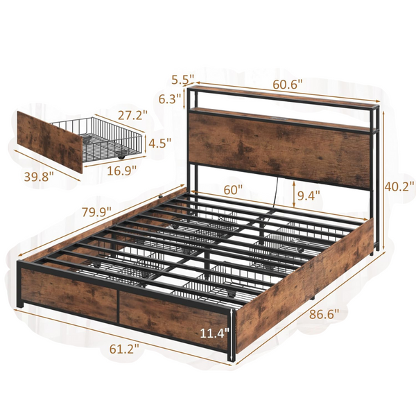 Lifezone Queen Metal Platform Bed Frame With 2-Tier Storage Headboard