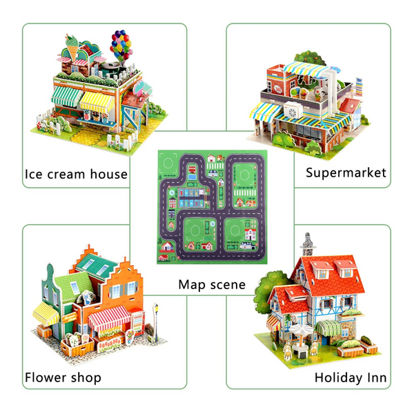 Qishi City Map Construction Building Sets With 6 Cartoon Character Toys